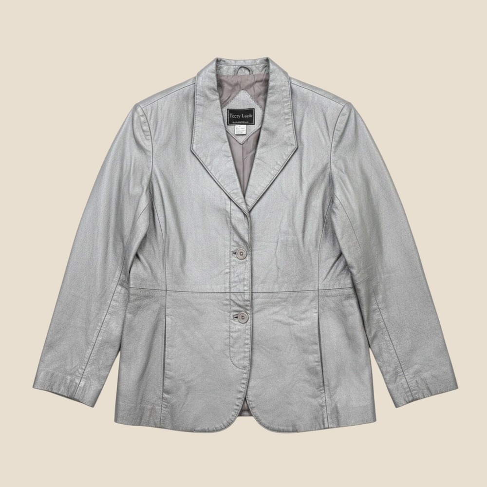 Vintage Terry Lewis Silver Gray Leather Blazer M‎ Metallic Retro Y2K Disco Glam